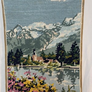 Countryside scene with stream, blossoms and snow-capped mountain (75d)