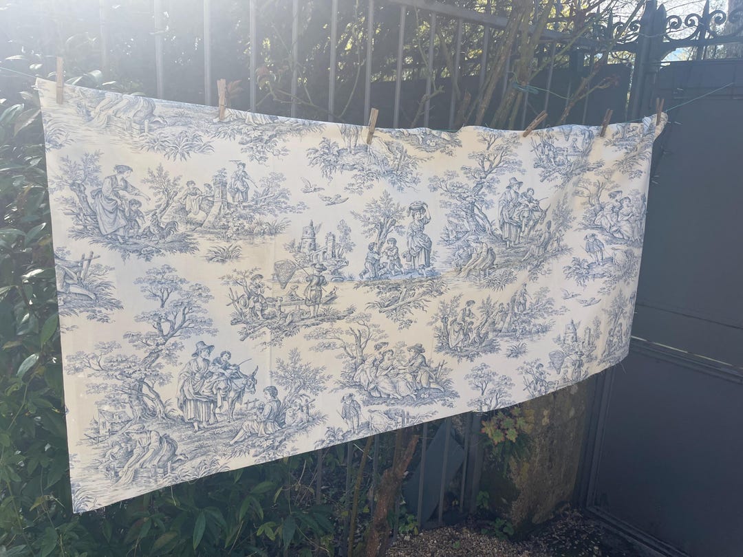 Toile De Jouy 'Diane' Bleu Percale - Vente Au Demi-mètre, 280cm De Large - Coton Oeko-Tex