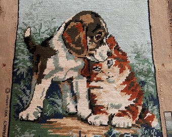 Beagle dog and cat . French vintage needlepoint - #60A