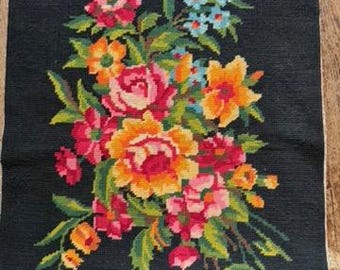 Large Vintage French mixed-flower tapestry. Floral needlepoint, OLD WORLD DECOR #30D