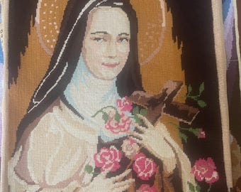 Tapiz francés antiguo bordado a mano con retrato de Santa Teresa, decoración del Viejo Mundo (96f)