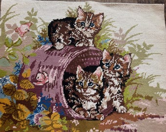 French Vintage Needlepoint, Three Cats and Basket, Hand-stitched TAPESTRY #68A
