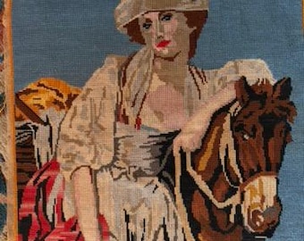 Renaissance lady on her horse. French  vintage needlepoint  Old World Decor  @41C