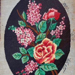 Mixed floral bouquet in oval composition, French vintage needlepoint (36c)