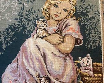 The girl and her Cats. French vintage needlepoint  #7D