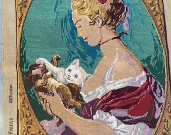 Renaissance  Lady with her dog and cat. "Deux amis" Apré Fragonard French vintage needlepoint  #68