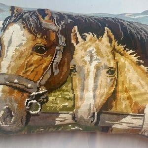 Vintage Needlepoint Cushion Cover: Hand-Stitched Stallion Portrait