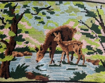 French vintage tapestry,  Deer in a forest by a lake. Old world decor, deer needlepoint #31D