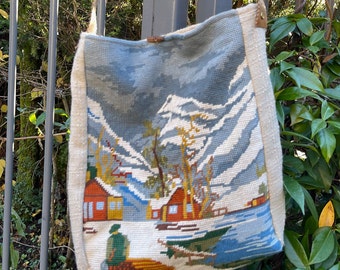 French needlepoint bag with snowy mountains and chalet (132)