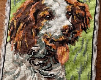 Retrato de perro de raza bretona Epagneul, bordado francés antiguo. Tapiz de perro (81f)