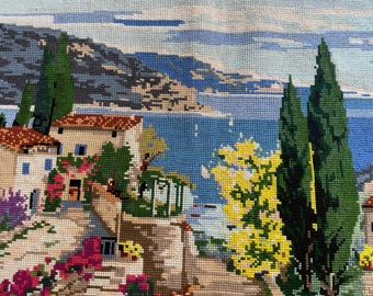 Vintage French Needlepoint, Wall Decor – Hand-Stitched Provence Scene #7A
