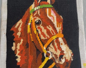 Vintage hengstenportret, paardenhoofdportret, Frans vintage borduurwerk #54A