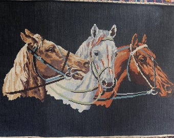 French vintage needlepoint of 3 horse portraits, large Tapestry, Old World Decor  #5C