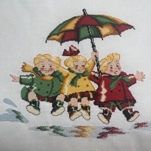 French vintage needlepoint of Happy Children with an umbrella (62a)