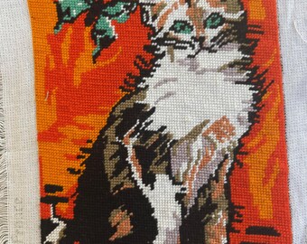 Adorable Kitten with a Butterfly, French Vintage Needlepoint #67C
