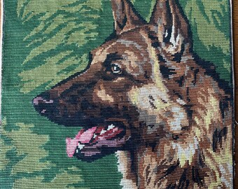 Retrato de pastor alemán, bordado francés antiguo. Tapiz de perro (12B)