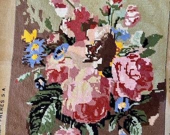 Large Vintage floral still-life tapestry. Floral needlepoint, OLD WORLD DECOR #51C