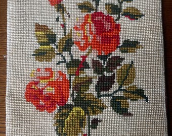 Floral Needlepoint:  Orange roses, handstitched, French Vintage Embroidery, floral tapestry #10A