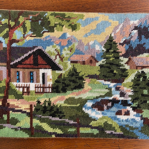 homestead in the mountains, French vintage needlepoint. (61)