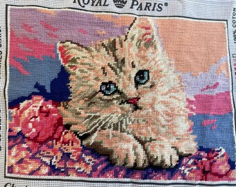 Adorable Kitten,  French Vintage Needlepoint #42A