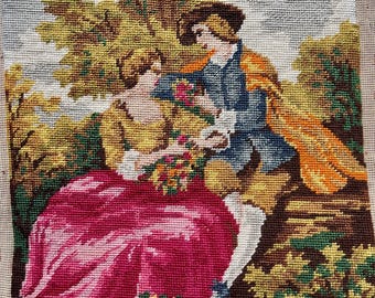 Romantic couple courting Rococo style  - vintage needlepoint, French tapestry #56C