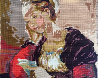 Renaissance princess  writing a letter, French vintage needlepoint  Apré Fragonard #67