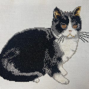 Op de afbeelding: Kruissteek van een kat in zwart, grijs, wit en goud. De kat zit en kijkt de kijker aan. Het heeft een witte borst en gezicht, met zwarte en grijze markeringen op zijn lichaam en hoofd. De oren van de kat zijn goudkleurig.