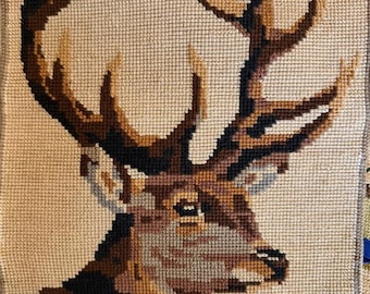 Deer portrait, vintage French needlepoint. Animal portrait, Old World decor #2A