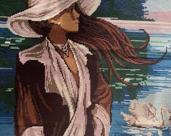 Vintage Needlepoint of a woman with a hat. French  vintage needlepoint  Old World Decor  #8C