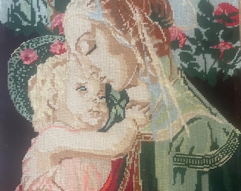María, madre de Jesús, sosteniendo a Jesús, bordado francés antiguo. Decoración del Viejo Mundo (104f)