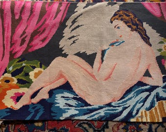 Nude woman reclined, French vintage tapestry handmade, OLD WORLD DECOR #2