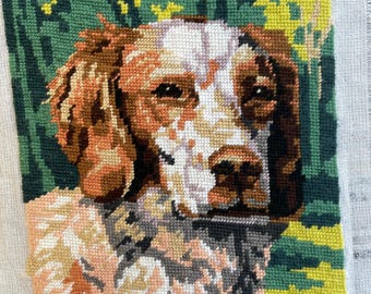 Adorable cocker spaniel puppy portrait, French vintage needlepoint. #65C