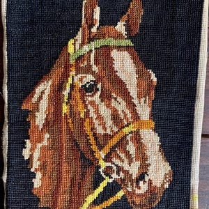 French Vintage Needlepoint Horse Portrait, Embroidered Stallion  (83f)