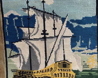 Vintage sailboat needlepoint. French tapestry #52