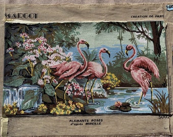 Pink Flamingos after Mireille - French Vintage Needlepoint (101K)