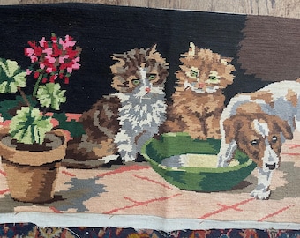 Two kittens with a dog,  French vintage needlepoint #1D
