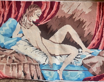 Mujer desnuda reclinada, tapiz francés antiguo, bordado de punto de aguja de un desnudo, hecho a mano (26f)