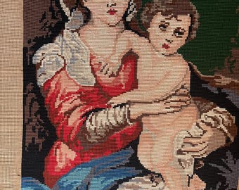 Maria and Jesus,  French vintage Tapestry, portrait, Religious Tapestry, old world decor #43F