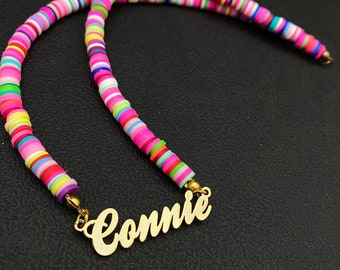 Rainbow Candy Bead Personalized Custom Nameplate Necklace, Bohemian Love Beach Necklaces For Girl Mother, Girlfriend Pendant Choker Jewelry