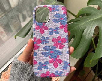 Pink Flower Power Knit | Retro Fabric iPhone 13, iPhone 15 Pro Case | ROLLO ROLLO
