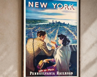 Vintage New York City Skyline Poster Utskrivbar Reseväggkonst Digital Nedladdning Retrotryck