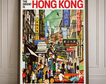 Hong Kong Vintage Travel Poster Print City Street Art Colourful Urban Wall Art Decor