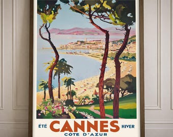 Cannes Vintage Travel Poster Print | French Riviera Tourism Retro ArtDeco Wall Art