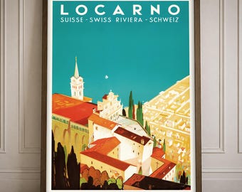 Vintage Locarno Switzerland Travel Poster Print Swiss Riviera Lake Maggiore Landscape Wall Art