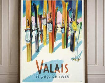 Valais Vintage Travel Poster Print Winter Sports Swiss Ski Tourism Wall Art Home Decor