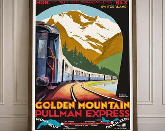 Vintage Golden Mountain Travel Poster Print | Retro Railway Mountain Landscape Art