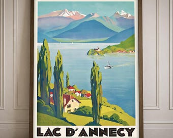 Vintage Lac D Annecy Travel Poster Print French Alps Wall Art Lake Landscape Decor