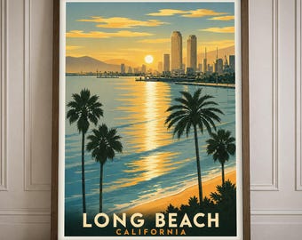 Long Beach California Poster Coastal Wall Art Vintage Beach Sunset Travel Print Decor