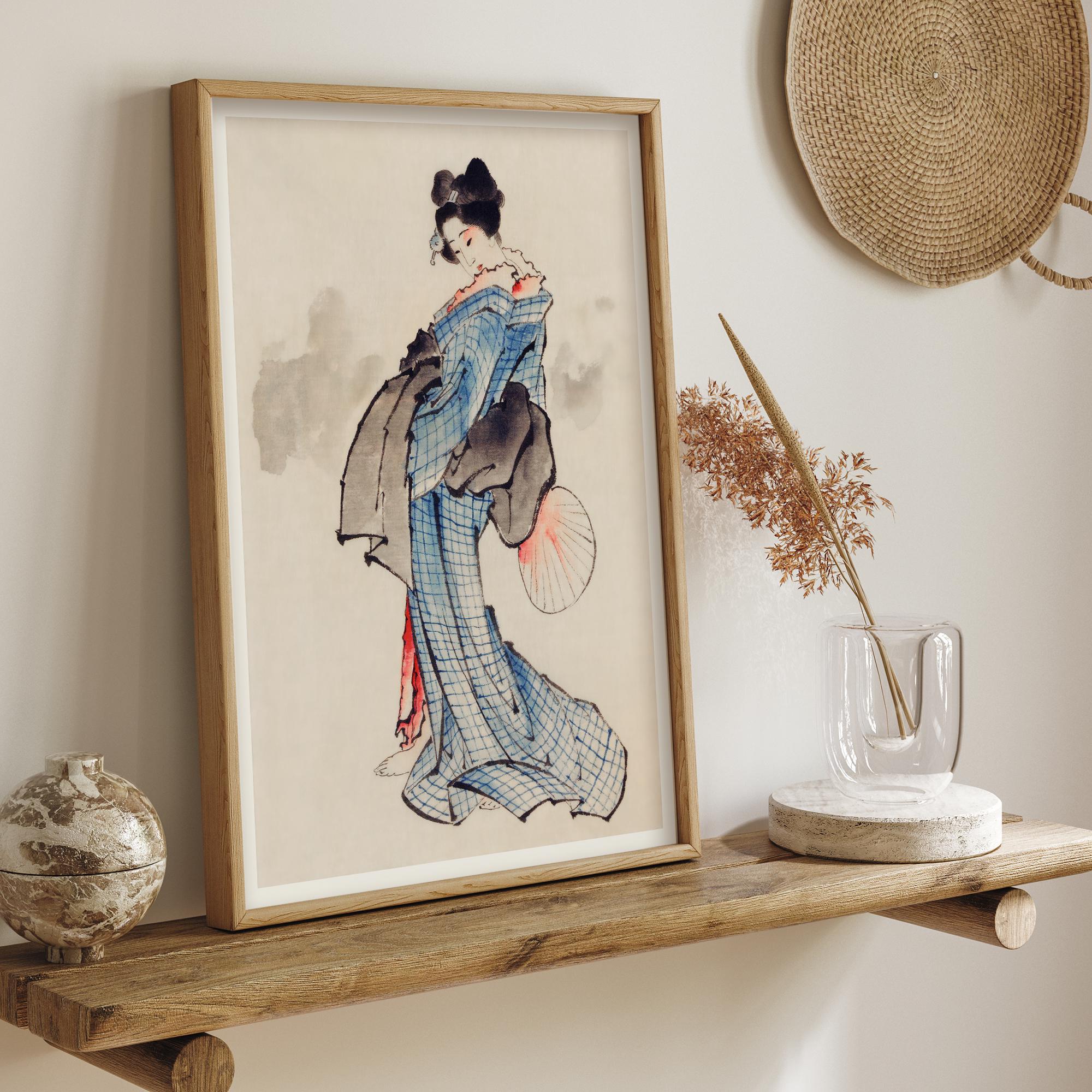 Woman With Check Design Kimono Japanese Fine Art Print | Home