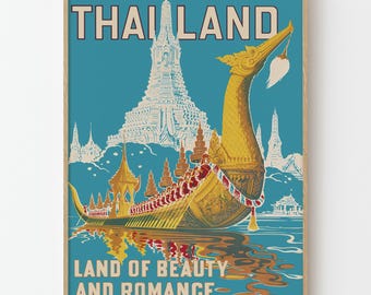Vintage Thailand Travel Poster Print, Siam Temple Boat Asian Tourism Wall Art Decor